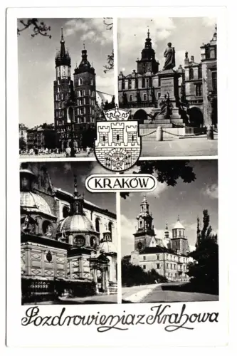 AK, Kraków, Krakau, cztery ilustracje, vier Abb. und Wappen, Echtfoto, um 1960