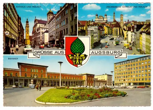AK, Augsburg, drei Abb., u.a. Bahnhof, 1970