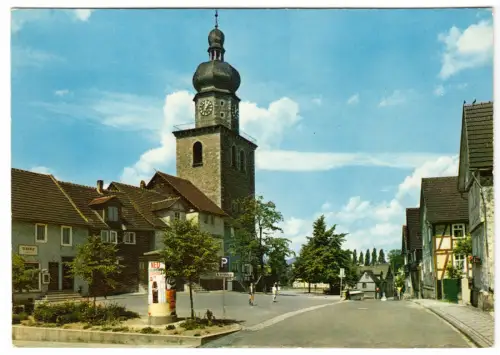 AK, Bebra, Straßenpartie mit Ev. Kirche, um 1968