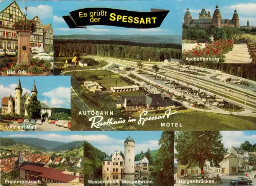 AK, Aschaffenburg, Es grüßt der Spessart, sieben Abb., u.a. Rasthaus, um 1975