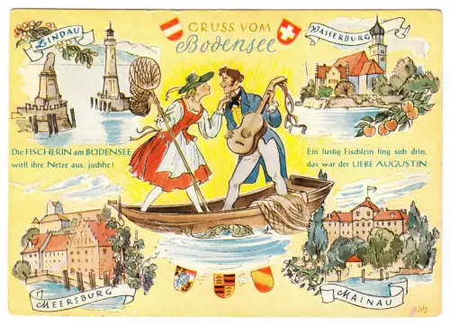 AK, Lindau Bodensee, Gruß vom Bodensee, fünf Zeichnungen, um 1960
