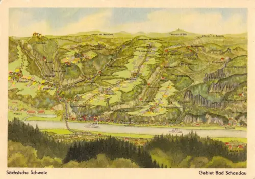 AK, Landschaftsrelief, Sächsische Schweiz, Gebiet Bad Schandau, Farbdr., um 1956