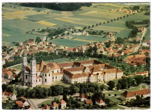 AK, Ottobeuren, Benediktinerabtei, Luftbild mit passender Marke u. Stempeln 1964
