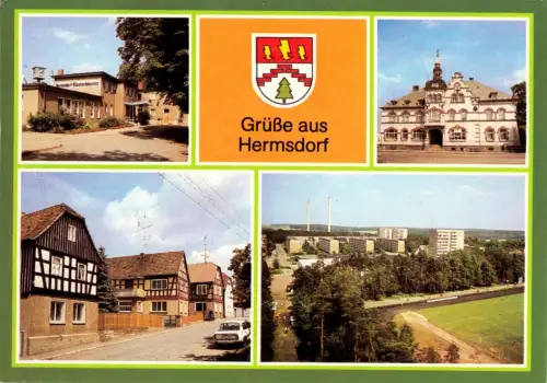AK, Hermsdorf Kr. Stadtroda, vier Abb. gestaltet, Wappen, 1985