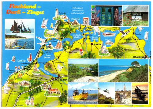 AK, Landkarte Fischland, Darss, Zingst und 10 Abb., um 2000