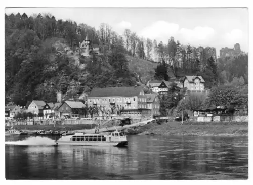AK, Kurort Rathen Sächs. Schweiz, Elbansicht mit Schnellboot, 1981