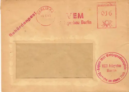 AFS, VEM Anlagenbau Berlin, o Berlin N 4, 4.8.51, politischer Nebenstempel