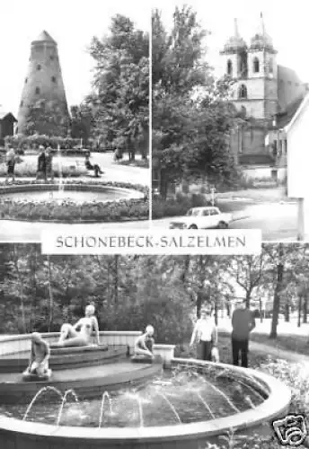 AK, Schönebeck - Salzelmen, drei Abb., u.a. Kirche 1977