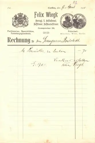 Ill. Rechnung, Fa. Felix Wiegk, Hoffriseur, Hoftheaterfriseur, Gotha, 17.4.1911