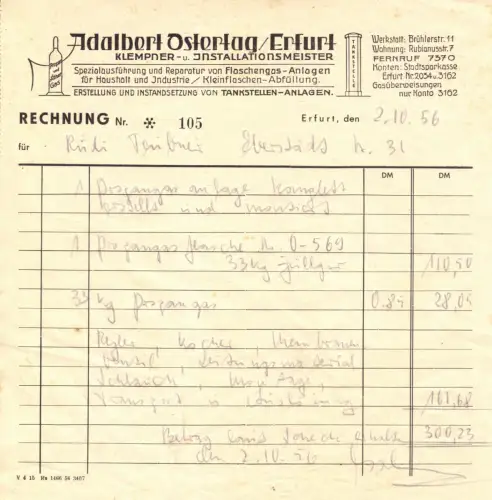 Rechnung, Adalbert Ostertag, Klempner- und Installateurmeister, Erfurt, 2.10.56