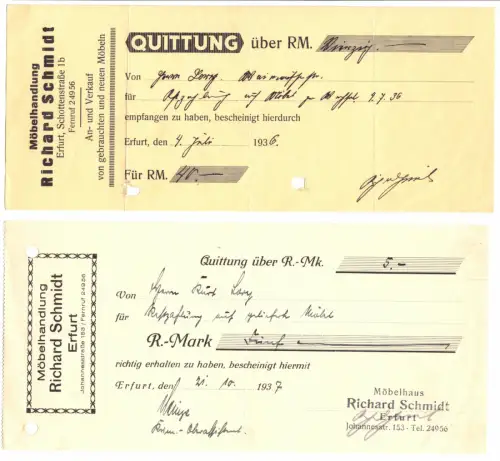 zwei Quittungen. Richard Schmidt, Möbelhandlung, Erfurt, 1936 / 1937