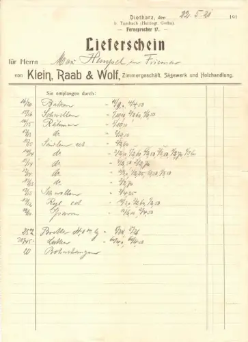 Lieferschein, Fa. Klein, Raab & Wolf, Dietharz b. Tambach, 22.5.21