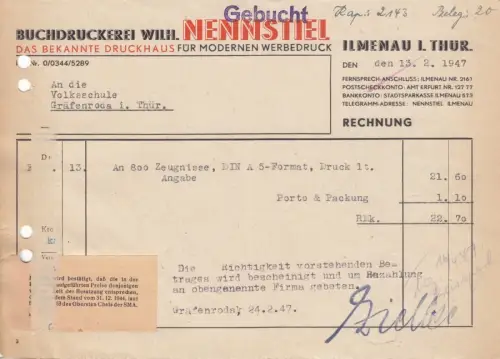 Rechnung, Buchdruckerei Wilh. Nennstiel, Ilmenau i. Thür., 13.2.47