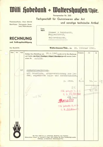 Rechnung, Willi Habedank, Gummiwaren aller Art, Waltershausen Thür., 18.2.1941