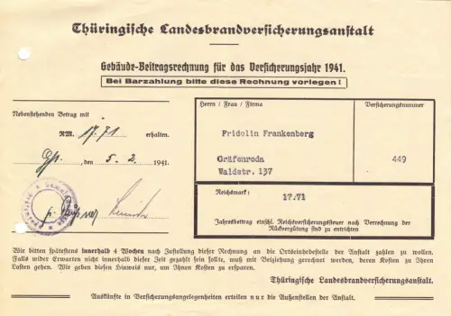 Rechnung, Thüringische Landesbrandversicherungsanstalt, Gotha, 5.2.1941