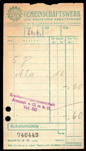 Quittung, Konsumgenossenschaft Arnstadt e.G.m.b.H., 1930er