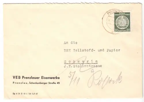 Bedarfsbf., DDR Mi-Nr. Dienst 8xX, EF, o Prenzlau, 4.12.54
