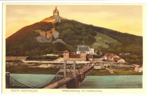 AK, Porta Westfalica, Witterkindsberg mit Kettenbrücke, um 1928