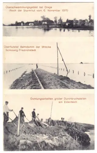 AK, Drage Nordfriesland, Überschwemmungen nach Sturmflut vom 6.11.1911, drei Abb