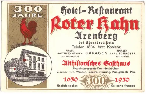 Werbekarte, Arenberg b. Ehrenbreitstein, 300 Jahre Hotel "Roter Hahn", 1930