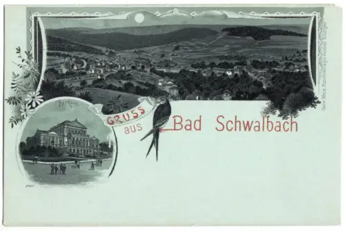 AK, Gruß aus Bad Schwalbach, Mondscheinlitho, grünlich, zwei Abb., um 1900