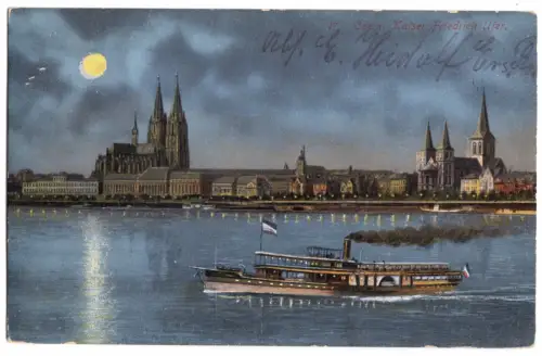 AK, Köln, Parorama mit Dampfer, Mondscheinkarte, 1916