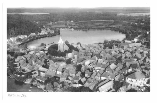 AK, Möln, Luftbildansicht der Innenstadt, um 1954
