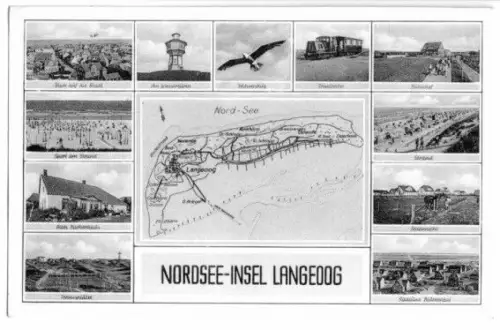 AK, Insel Langeoog, 11 Abb. und Landkarte, 1953