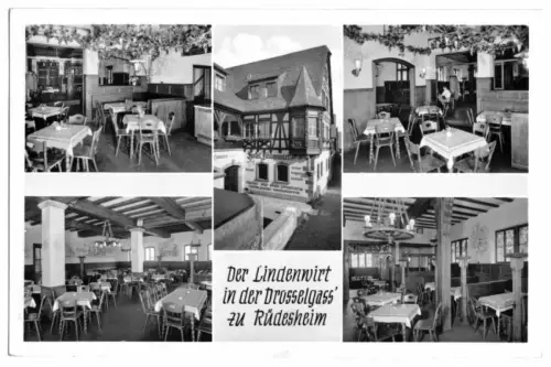 AK, Rüdesheim Rhein, Lindenwirt in der Drosselgass', fünf Abb., 1953