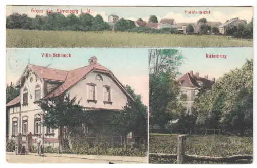 AK,  Löwenberg Mark Kr. Gransee, drei Abb., u.a. Villa Schnock, 1907
