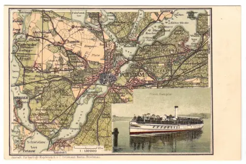 Farblitho-AK, Potsdam, Landkarte der Stadt und Dampfer, um 1906