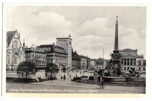 AK, Leipzig, Augustusplatz mit Mendelbrunnen, Hochhaus u. Neuem Theater, 1937