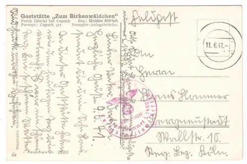 AK, Ferch Kr. Potsdam, Gaststätte "Zum Birkenwäldchen", 1941, Feldpoststempel