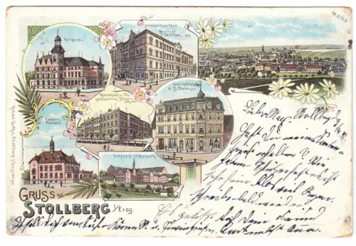 Farblitho-AK, Stollberg Erzgeb., sieben Abb., 1899