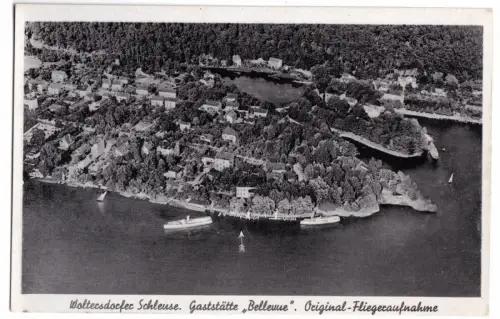 AK, Woltersdorf bei Erkner, Luftbildanicht mit Schleuse und Gaststätte, um 1942