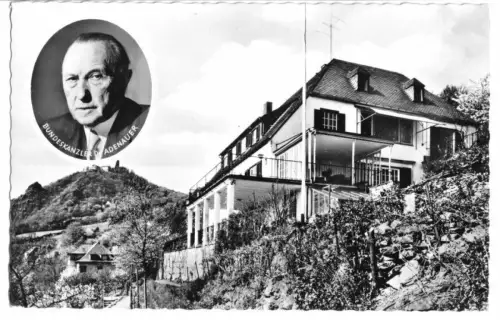 AK, Rhöndorf a. Rhein, Haus Adenauer mit Blick auf den Drachenfels, um 1962