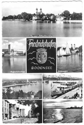 AK, Friedrichtshafen Bodensee, sieben Abb., gestaltet, 1959