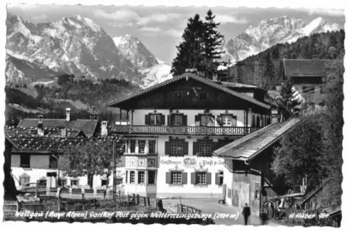 AK, Wallgau, Gasthof Post, Wettersteingeb., um 1961