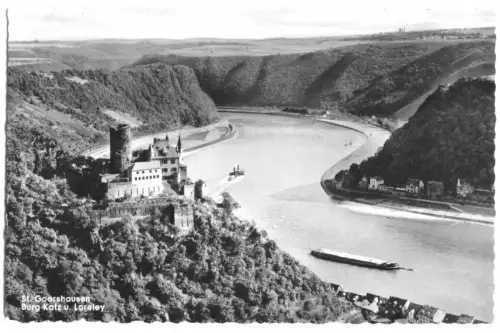 AK, St. Goarshausen, Burg Katz und Loreley, um 1960