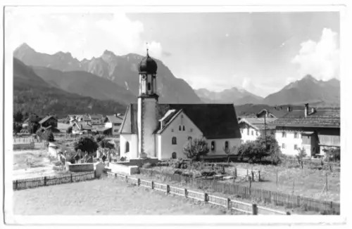 AK, Wallgau, Teilansicht mit Kirche, 1951