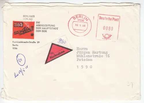 PFS, Nachnahme, o Berlin, 1026, 10.5.88, Berliner Verlag, BZ am Abend