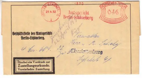 AFS, Amtsgericht Berlin-Schöneberg, Berlin-Schöneberg 1, 21.4.32, Zustellurkunde