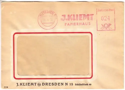 AFS, Dresden, J. Kliemt, Papierhaus, (10a) Dresden N 15, 12.10.50