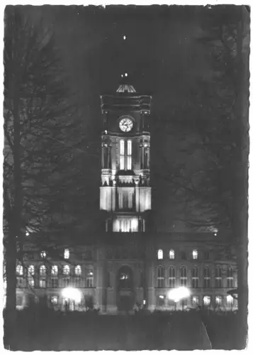 AK, Berlin Mitte, Rotes Rathaus, Nachtansicht, 1957