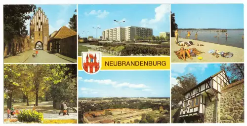 AK lang, Panoramakarte, Neubrandenburg, sechs Abb., 1989