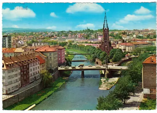 AK, Pforzheim, Teilansicht, Zusammenfluß von Enz und Nagold, 1965