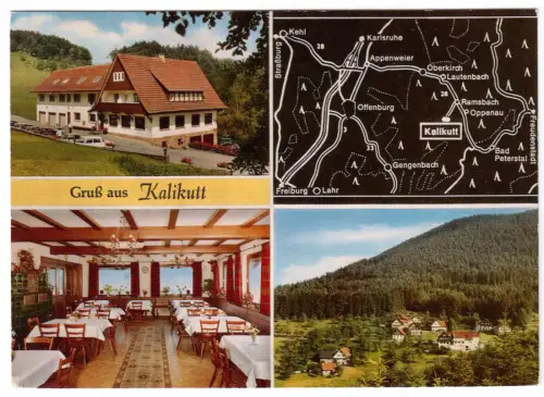 AK, Oppenau Schwarzwald, Gasthaus Kalikut, vier Abb. mit Landkarte, um 1970