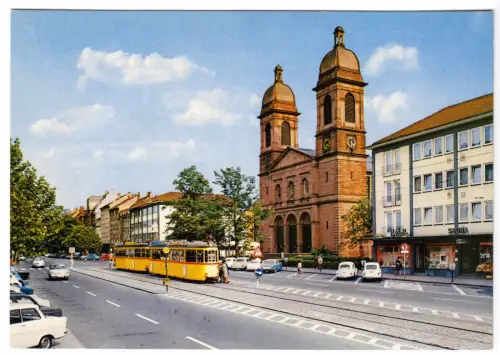 AK, Karlsruhe - Mühlberg, Peter und Paul-Platz, Straßenbahn, 1975
