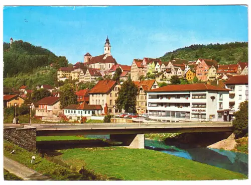 AK, Horb im Neckartal, Teilansicht mit Brücke und Kirche, um 1970