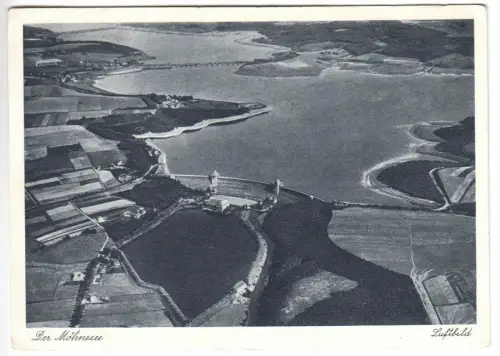 AK, Möhnesee Kr. Soest, Talsperre, Luftbildtotale mit Staumauer, um 1936